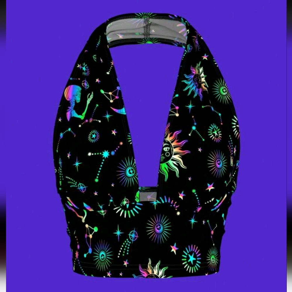 UV/Blacklight Reactive Neon Galaxy Moons Suns Stars Constalations Crop Top (L)